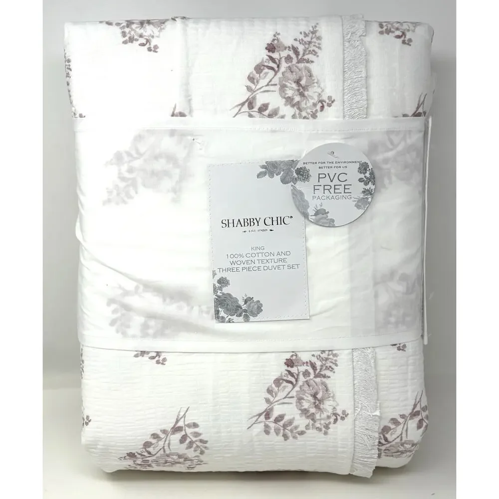 Shabby Chic Cotton Floral Woven KING Size Duvet Set White Rose Pink Fringe